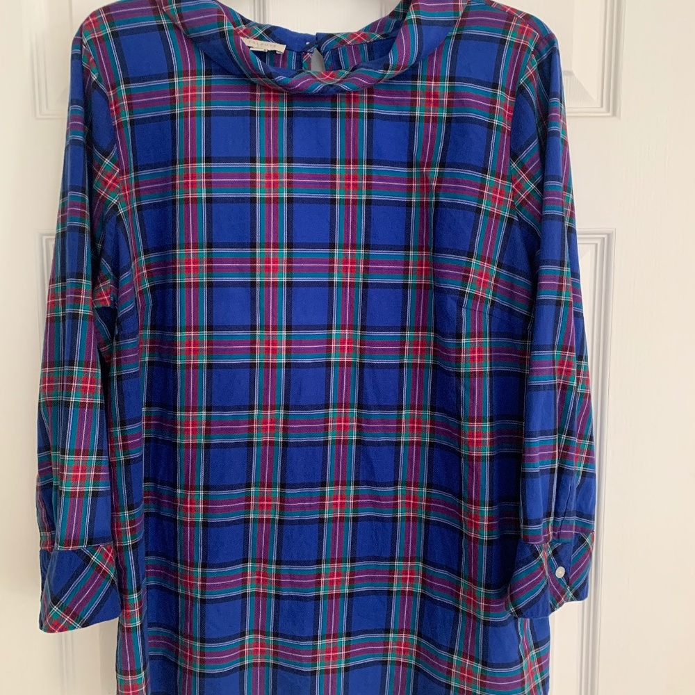 Talbots Cowl Neck Cotton Plaid Tunic 3/4 Sleeve Size M.